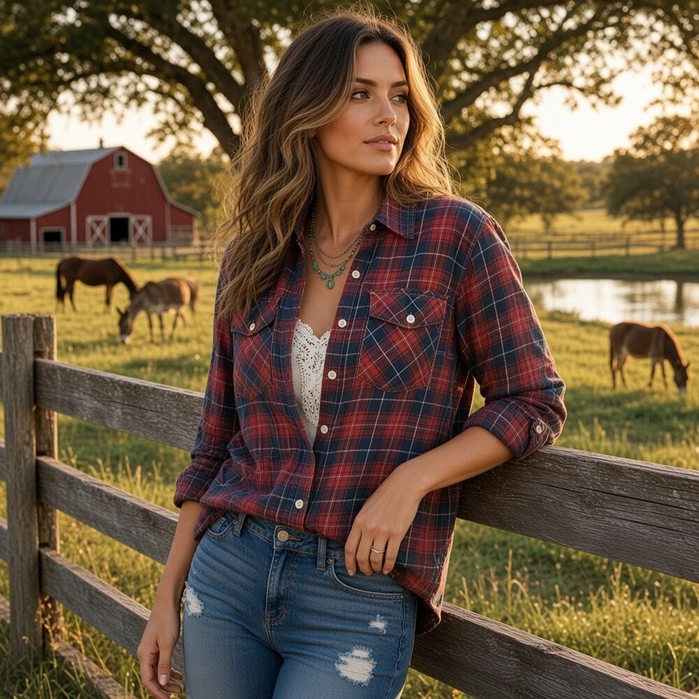 Love Fire Red Blue Plaid Flannel Shirt Roll Tab Sleeve XL Western Cottagecore